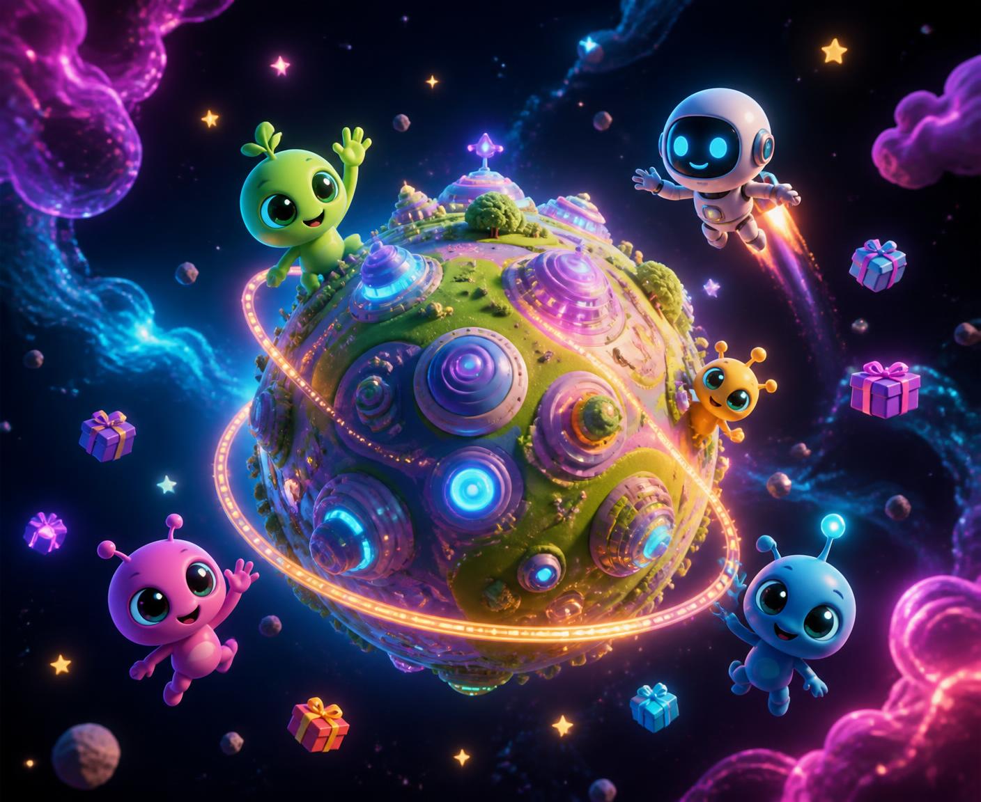Planet Loopia surrounded by friendly Loopian aliens, a flying robot, glowing rings and floating gift boxes